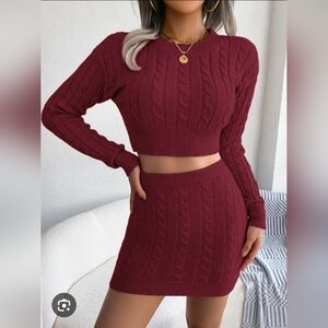 Elegant Burgundy Cable Knit Skirt N Top